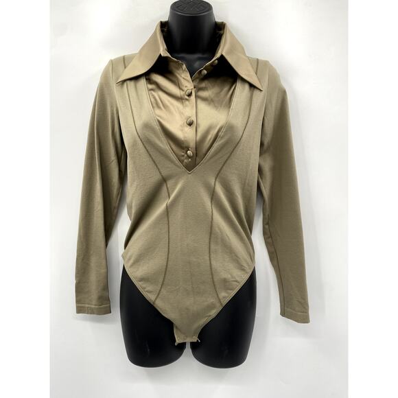 Wolford Stretch Taupe Satin collared Bodysuit - Picture 2 of 5